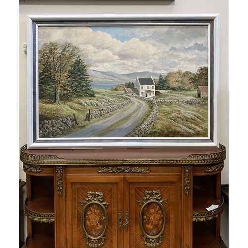 91 - LIAM JONES (Irish, 20th Century), ‘WEST CORK ARDGROOM FARMHOUSE’, oil on canvas board, signed lower ... 