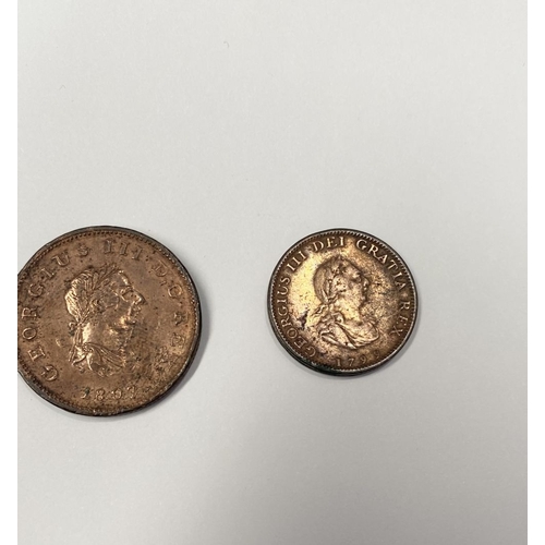 188 - A GEORGE III COPPER FARTHING 1799 & HALF PENNY 1807, dimensions half penny: 28mm, dimensions farthin... 