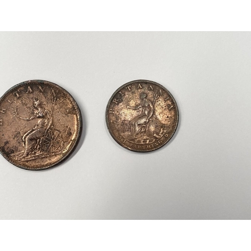 188 - A GEORGE III COPPER FARTHING 1799 & HALF PENNY 1807, dimensions half penny: 28mm, dimensions farthin... 