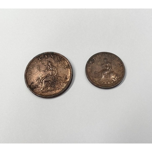 188 - A GEORGE III COPPER FARTHING 1799 & HALF PENNY 1807, dimensions half penny: 28mm, dimensions farthin... 