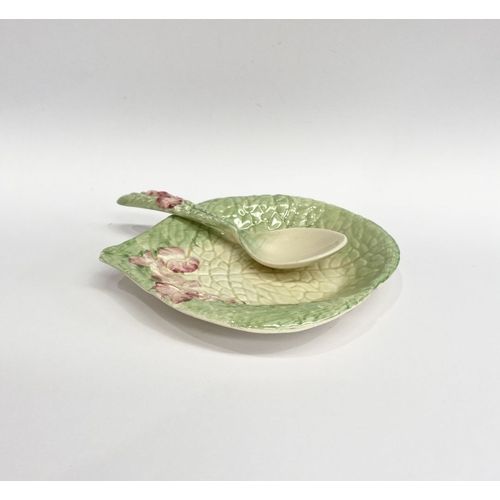 189 - A NEWPORT POTTERY CLARICE CLIFF DISH & SPOON, pink flower dish and spoon, the dish with Makers marks... 