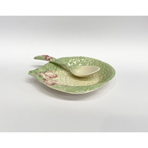 189 - A NEWPORT POTTERY CLARICE CLIFF DISH & SPOON, pink flower dish and spoon, the dish with Makers marks... 