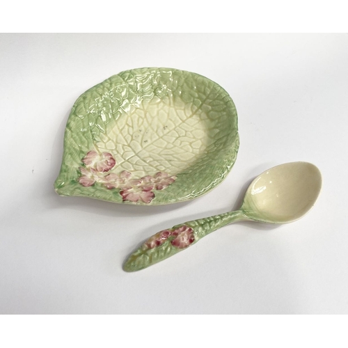 189 - A NEWPORT POTTERY CLARICE CLIFF DISH & SPOON, pink flower dish and spoon, the dish with Makers marks... 