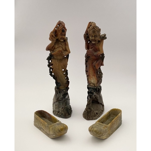 219 - FOUR PIECES OF CHINESE SOAPSTONE: A PAIR OF CHINESE SOAPSTONE CARVED FIGURES, on bases, nicely detai... 