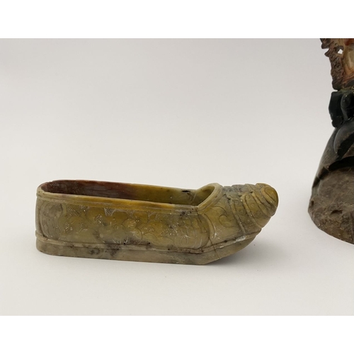 219 - FOUR PIECES OF CHINESE SOAPSTONE: A PAIR OF CHINESE SOAPSTONE CARVED FIGURES, on bases, nicely detai... 