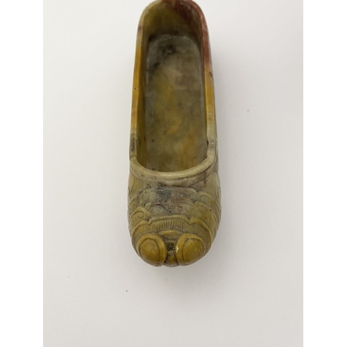 219 - FOUR PIECES OF CHINESE SOAPSTONE: A PAIR OF CHINESE SOAPSTONE CARVED FIGURES, on bases, nicely detai... 