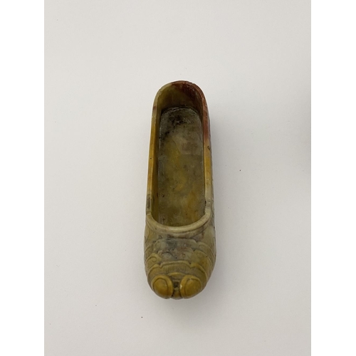 219 - FOUR PIECES OF CHINESE SOAPSTONE: A PAIR OF CHINESE SOAPSTONE CARVED FIGURES, on bases, nicely detai... 