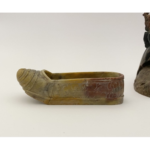 219 - FOUR PIECES OF CHINESE SOAPSTONE: A PAIR OF CHINESE SOAPSTONE CARVED FIGURES, on bases, nicely detai... 