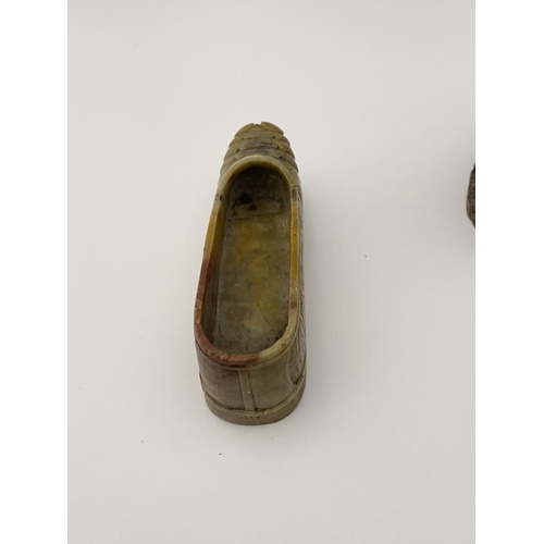 219 - FOUR PIECES OF CHINESE SOAPSTONE: A PAIR OF CHINESE SOAPSTONE CARVED FIGURES, on bases, nicely detai... 