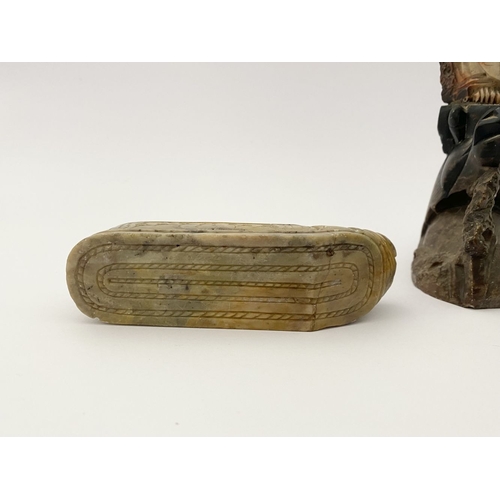 219 - FOUR PIECES OF CHINESE SOAPSTONE: A PAIR OF CHINESE SOAPSTONE CARVED FIGURES, on bases, nicely detai... 