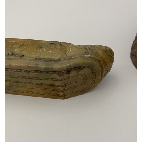 219 - FOUR PIECES OF CHINESE SOAPSTONE: A PAIR OF CHINESE SOAPSTONE CARVED FIGURES, on bases, nicely detai... 