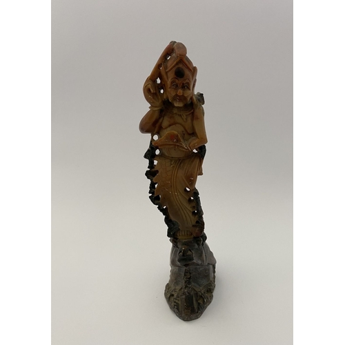 219 - FOUR PIECES OF CHINESE SOAPSTONE: A PAIR OF CHINESE SOAPSTONE CARVED FIGURES, on bases, nicely detai... 