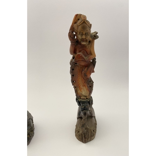219 - FOUR PIECES OF CHINESE SOAPSTONE: A PAIR OF CHINESE SOAPSTONE CARVED FIGURES, on bases, nicely detai... 