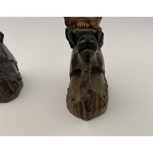 219 - FOUR PIECES OF CHINESE SOAPSTONE: A PAIR OF CHINESE SOAPSTONE CARVED FIGURES, on bases, nicely detai... 