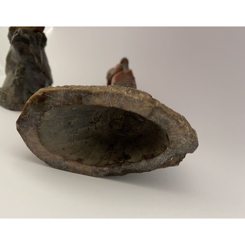 219 - FOUR PIECES OF CHINESE SOAPSTONE: A PAIR OF CHINESE SOAPSTONE CARVED FIGURES, on bases, nicely detai... 