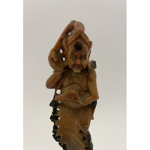 219 - FOUR PIECES OF CHINESE SOAPSTONE: A PAIR OF CHINESE SOAPSTONE CARVED FIGURES, on bases, nicely detai... 