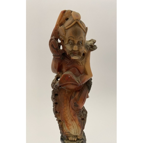 219 - FOUR PIECES OF CHINESE SOAPSTONE: A PAIR OF CHINESE SOAPSTONE CARVED FIGURES, on bases, nicely detai... 