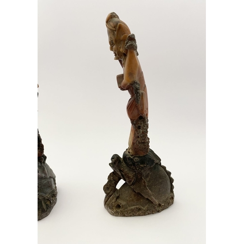 219 - FOUR PIECES OF CHINESE SOAPSTONE: A PAIR OF CHINESE SOAPSTONE CARVED FIGURES, on bases, nicely detai... 