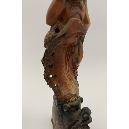 219 - FOUR PIECES OF CHINESE SOAPSTONE: A PAIR OF CHINESE SOAPSTONE CARVED FIGURES, on bases, nicely detai... 