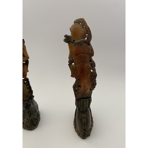 219 - FOUR PIECES OF CHINESE SOAPSTONE: A PAIR OF CHINESE SOAPSTONE CARVED FIGURES, on bases, nicely detai... 