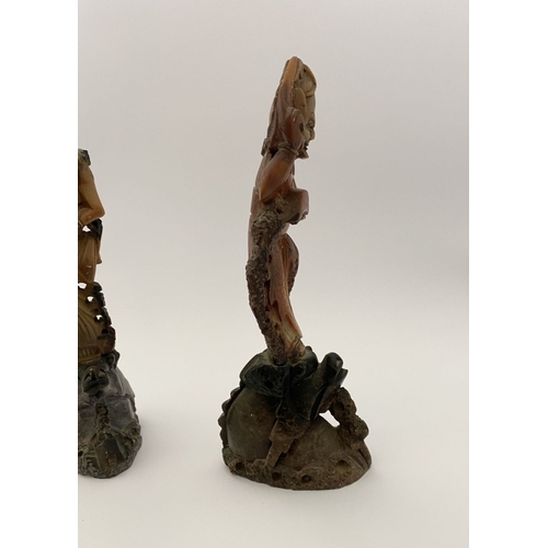 219 - FOUR PIECES OF CHINESE SOAPSTONE: A PAIR OF CHINESE SOAPSTONE CARVED FIGURES, on bases, nicely detai... 