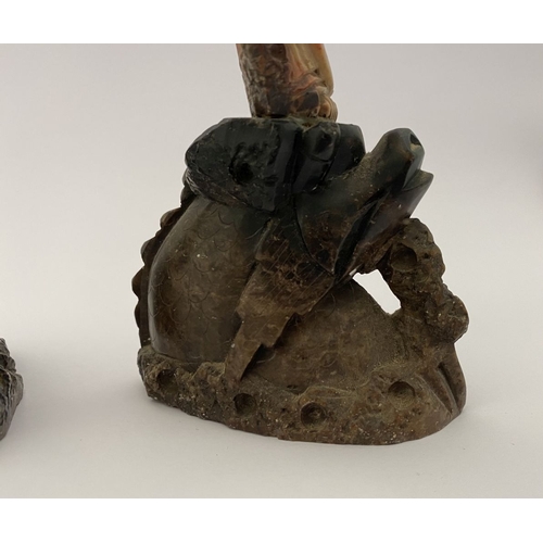 219 - FOUR PIECES OF CHINESE SOAPSTONE: A PAIR OF CHINESE SOAPSTONE CARVED FIGURES, on bases, nicely detai... 