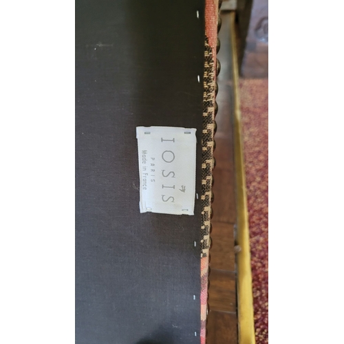 222 - A LOW RISE FRENCH FOOT STOOL, with upholstered top depicting a terrier, raised on turned leg finishe... 