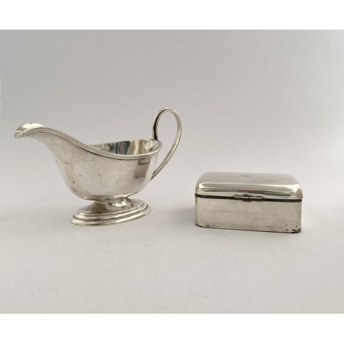 228 - AN ART DECO PERIOD SILVER SNUFF BOX ALONG WITH SILVERPLATED SAUCE BOAT, snuff box hallmarked Chester... 