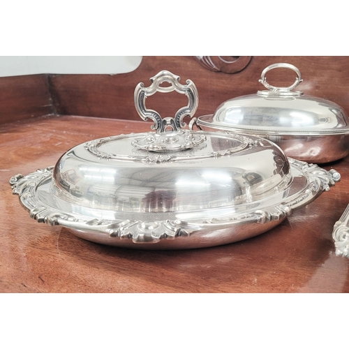 232 - A VERY GOOD COLLECTION OF SILVER PLATE SEVERING DISHES, includes an Egan of Cork dish & a Harrod’s o... 