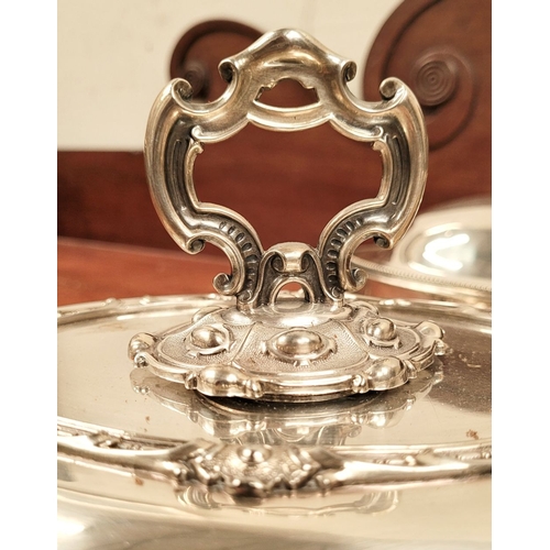 232 - A VERY GOOD COLLECTION OF SILVER PLATE SEVERING DISHES, includes an Egan of Cork dish & a Harrod’s o... 