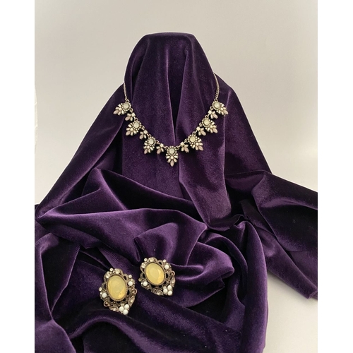 233 - A PRETTY SILVER TONE GEMSET NECKLACE & PAIR OF DROP EARRINGS, the necklace is set with a variety of ... 