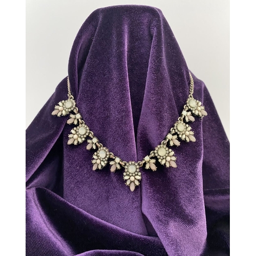 233 - A PRETTY SILVER TONE GEMSET NECKLACE & PAIR OF DROP EARRINGS, the necklace is set with a variety of ... 