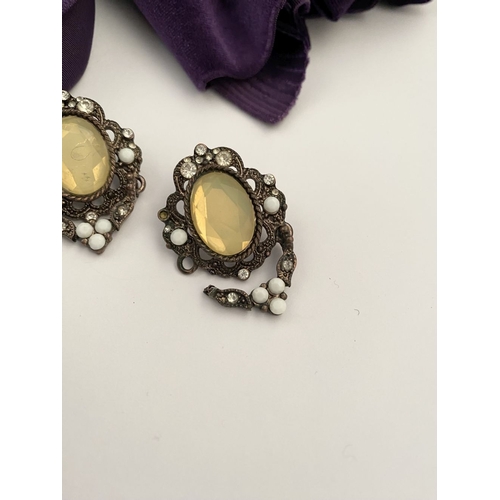 233 - A PRETTY SILVER TONE GEMSET NECKLACE & PAIR OF DROP EARRINGS, the necklace is set with a variety of ... 