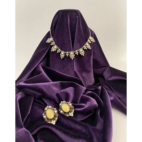 233 - A PRETTY SILVER TONE GEMSET NECKLACE & PAIR OF DROP EARRINGS, the necklace is set with a variety of ... 