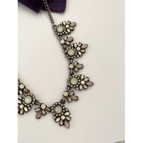 233 - A PRETTY SILVER TONE GEMSET NECKLACE & PAIR OF DROP EARRINGS, the necklace is set with a variety of ... 