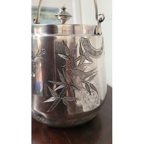 235 - A WATERFORD CRYSTAL DECANTER, along with a pair of glasses and a lovely silver plate ice container –... 