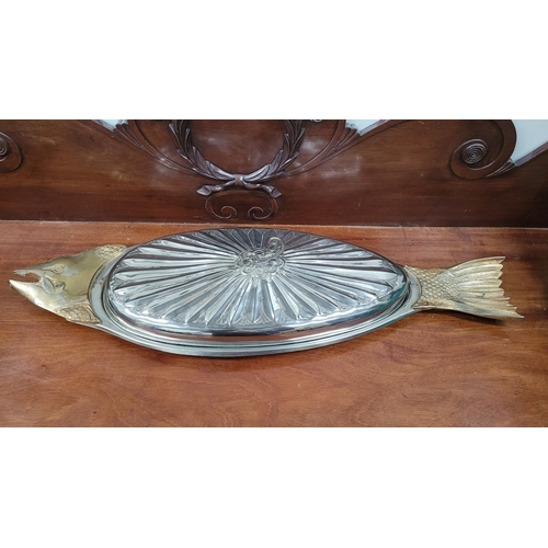 238 - A VERY LARGE FISH SERVER & PRESENTATION PLATE, the server with lobed lift away lid decorated with a ... 