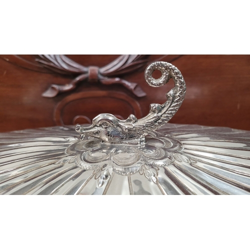 238 - A VERY LARGE FISH SERVER & PRESENTATION PLATE, the server with lobed lift away lid decorated with a ... 