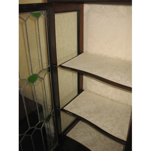 243 - A MAHOGANY INLAID SERPENTINE GLAZED DISPLAY CABINET, the raised gallery to back with inlaid detail, ... 