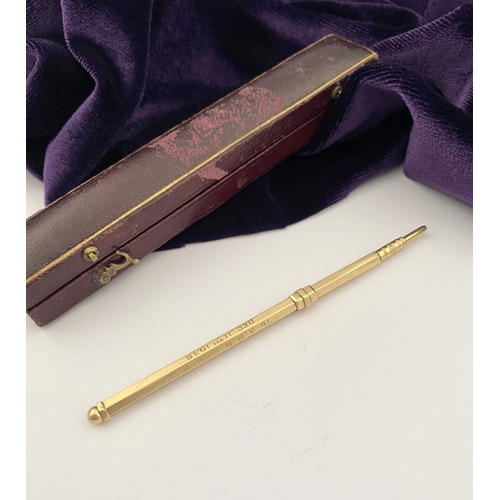 16 - AN EARLY 20TH CENTURY CASED 18CT GOLD SWIZZLE STICK, numbered & hallmarked to body with Maker’s mark... 