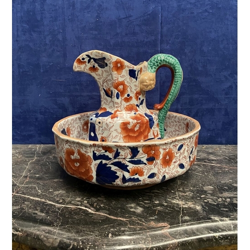 188 - A VINTAGE MASON’S IRONSTONE WASH BASIN & PITCHER, both in overall good condition, both marked to bas... 