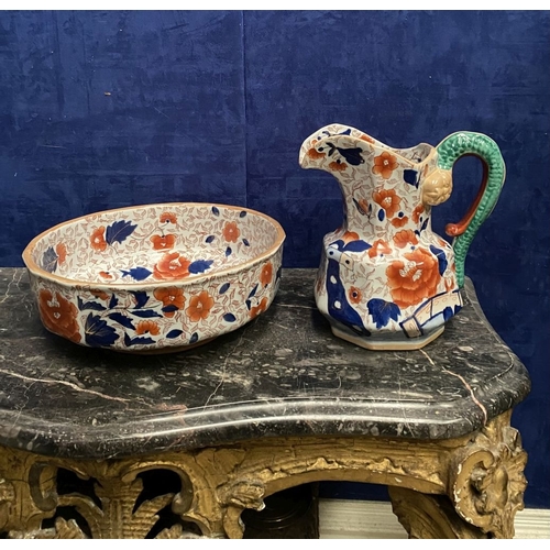 188 - A VINTAGE MASON’S IRONSTONE WASH BASIN & PITCHER, both in overall good condition, both marked to bas... 