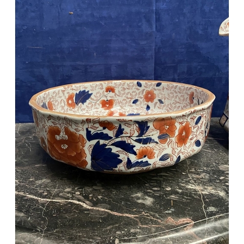 188 - A VINTAGE MASON’S IRONSTONE WASH BASIN & PITCHER, both in overall good condition, both marked to bas... 