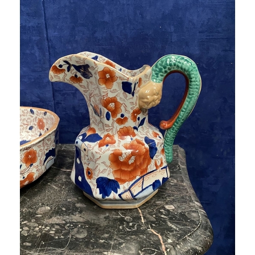 188 - A VINTAGE MASON’S IRONSTONE WASH BASIN & PITCHER, both in overall good condition, both marked to bas... 