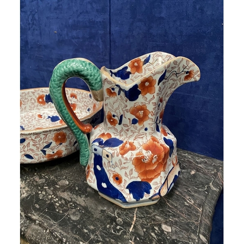 188 - A VINTAGE MASON’S IRONSTONE WASH BASIN & PITCHER, both in overall good condition, both marked to bas... 