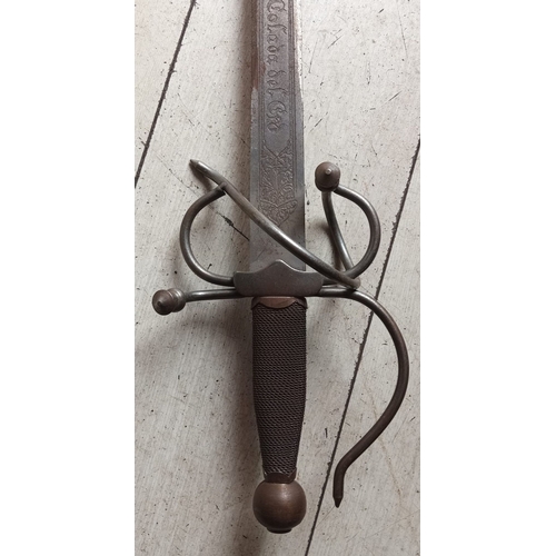 191 - A 19TH CENTURY SPANISH SWORD, Conquistador style sword, with decorative engraved blade and wire wrap... 