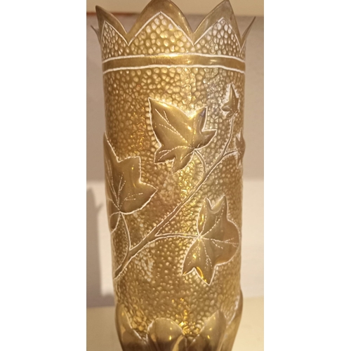 192 - A DECORATIVE PAIR OF WORLD WAR I TRENCH ART ARTILLERY SHELL CASES, with shaped rim, the body decorat... 