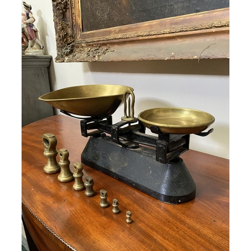 196 - A VINTAGE BRITISH ‘THE VIKING’ WEIGHING SCALES WITH BRASS WEIGHTS, dimensions: scales: 37cm wide app... 