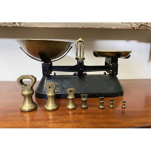 196 - A VINTAGE BRITISH ‘THE VIKING’ WEIGHING SCALES WITH BRASS WEIGHTS, dimensions: scales: 37cm wide app... 