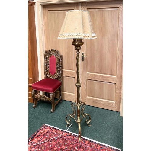 202 - A GILT BRASS FLOOR STANDARD LAMP, highly decorative with engraved details to cylindrical & knopped t... 